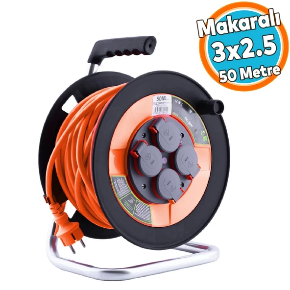 Plastik Seyyar Makaralı Kapaklı 4 Prizli CCA Kablo Uzatma Kablosu 3x2.5 mm 50 Metre IP44 ürün görseli