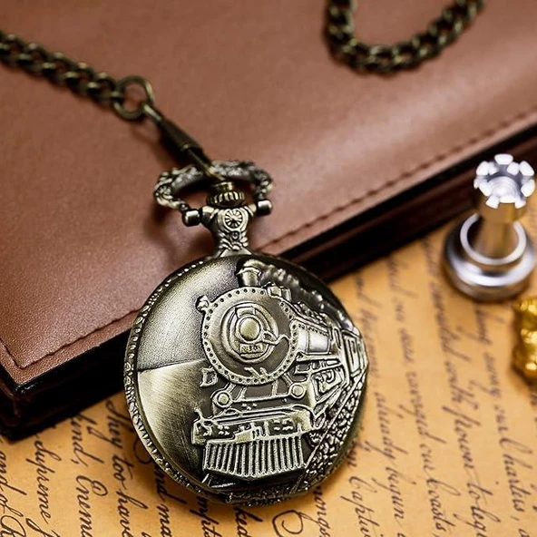 Valkyrie Retro Vintage Kabartmalı Dumanlı Tren Zarif Köstekli Cep Saati - 5