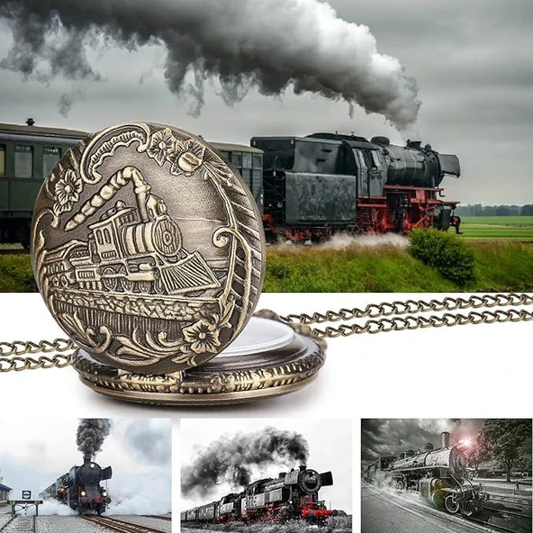 Valkyrie Retro Vintage Kabartmalı Dumanlı Tren Çiçek Motifli Zarif Köstekli Cep Saat - 9