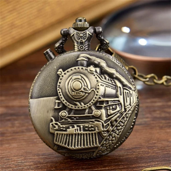 Valkyrie Retro Vintage Kabartmalı Dumanlı Tren Zarif Köstekli Cep Saati - 6