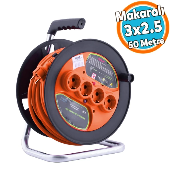 Plastik Makaralı Seyyar IP20 4 Prizli Uzatma Kablosu 3x2.5 mm CCA Kablo 50 Metre Termal Sigorta
