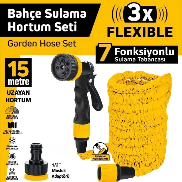 SGS Bahçe Sulama Hortum Seti 7 Fonksyonlu Tabanca ve 15 Metre Uzayan Hortum