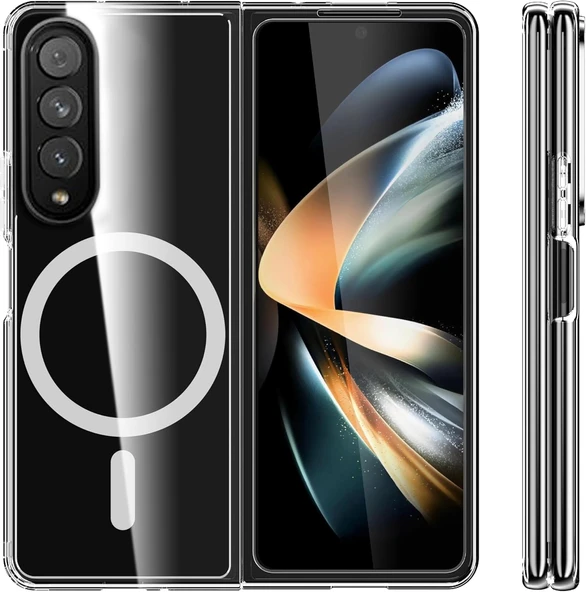 Samsung Galaxy Z Fold 4 Uyumlu Kamera Korumalı Magsafe Wireless Şarj Özellikli Şeffaf Silikon Kılıf - 8