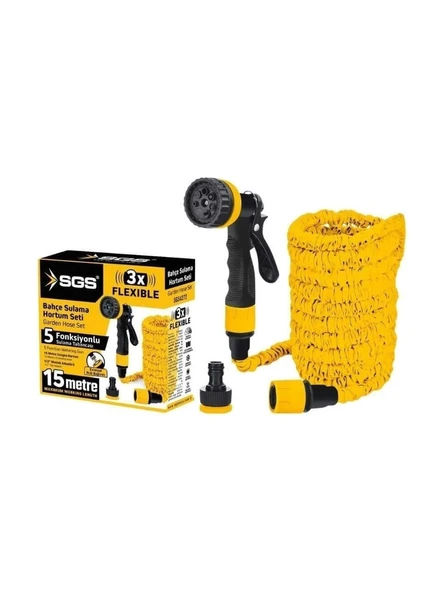 SGS Bahçe Sulama Hortum Seti 7 Fonksyonlu Tabanca ve 15 Metre Uzayan Hortum - 2