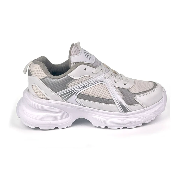 Kadın Beyaz Gümüş Hafif Fileli Günlük Rahat Sneaker Spor Ayakkabı - Resim 7