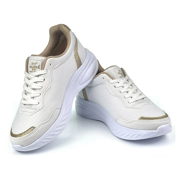 Kadın Beyaz Altın Hafif Fileli Günlük Rahat Sneaker Spor Ayakkabı - 4