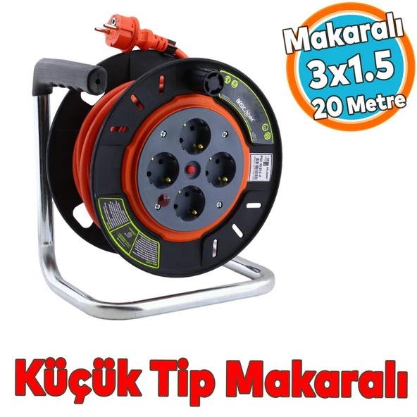 Küçük Plastik Makaralı Seyyar CCA Kablo 4 Priz Monofaze Uzatma Kablosu 3x1.5 mm TTR Kablo 20 Metre