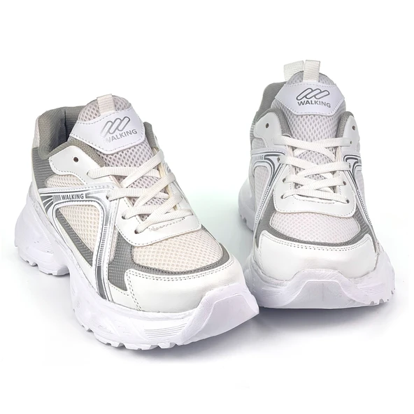 Kadın Beyaz Gümüş Hafif Fileli Günlük Rahat Sneaker Spor Ayakkabı ürün görseli 1