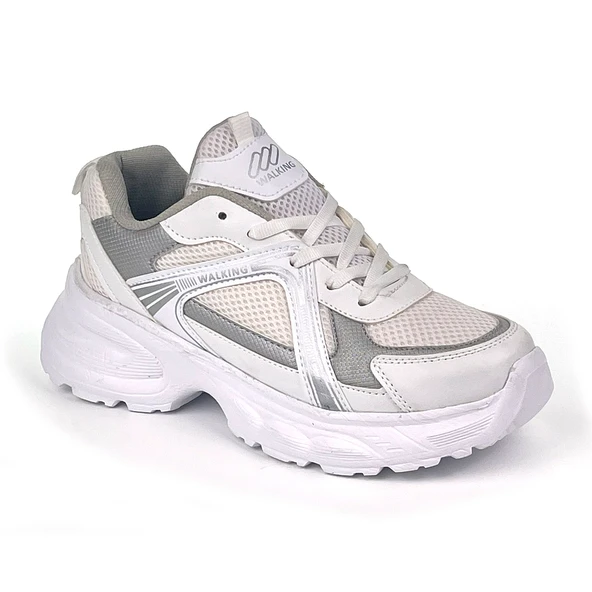 Kadın Beyaz Gümüş Hafif Fileli Günlük Rahat Sneaker Spor Ayakkabı - Resim 2