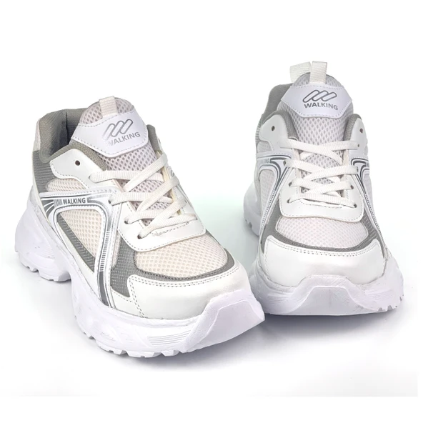 Kadın Beyaz Gümüş Hafif Fileli Günlük Rahat Sneaker Spor Ayakkabı - Resim 5