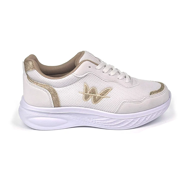Kadın Beyaz Altın Hafif Fileli Günlük Rahat Sneaker Spor Ayakkabı