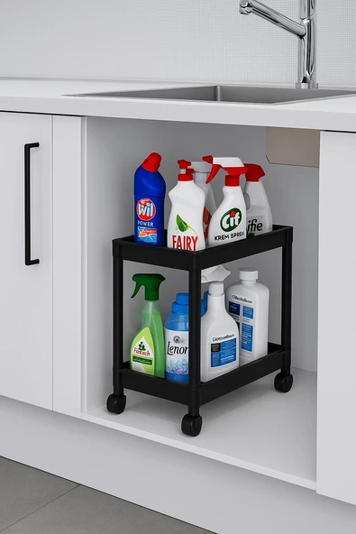 Flex Elite Pro 2 Katlı Siyah Tekerlekli Çok Amaçlı Banyo & Mutfak Düzenleyici Raf