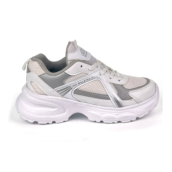 Kadın Beyaz Gümüş Hafif Fileli Günlük Rahat Sneaker Spor Ayakkabı - Resim 3