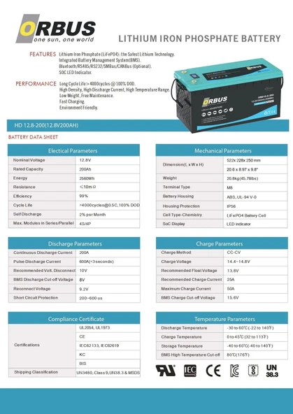 Orbus 12.8 V Volt 200 Ah Amper 2560 Wh Lityum Batarya Lifepo4 Lityum Aku - 2