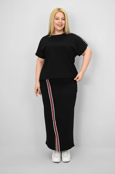 Kadın Büyük Beden Kısa Kollu Şeritli Etek Takım 8204-25 - 3