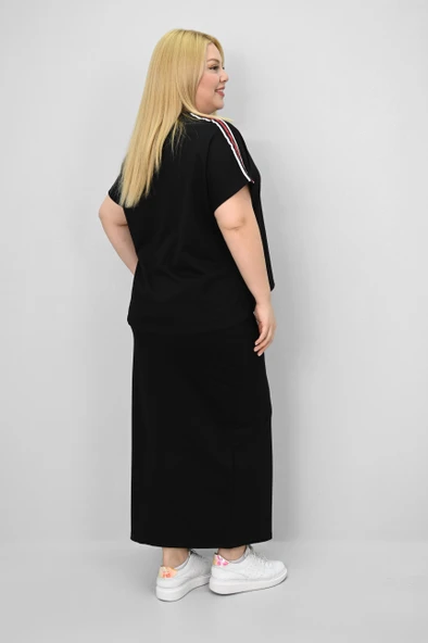 Kadın Büyük Beden Kısa Kollu Şeritli Etek Takım 8204-25 - 7