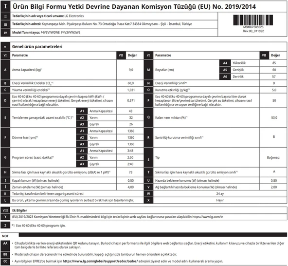 LG F4V3VYW3WE 1400 Devir 9 KG Çamaşır Makinesi - Resim 7