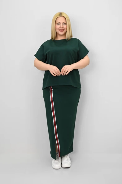 Kadın Büyük Beden Kısa Kollu Şeritli Etek Takım 8204-25