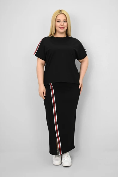 Kadın Büyük Beden Kısa Kollu Şeritli Etek Takım 8204-25 - 3