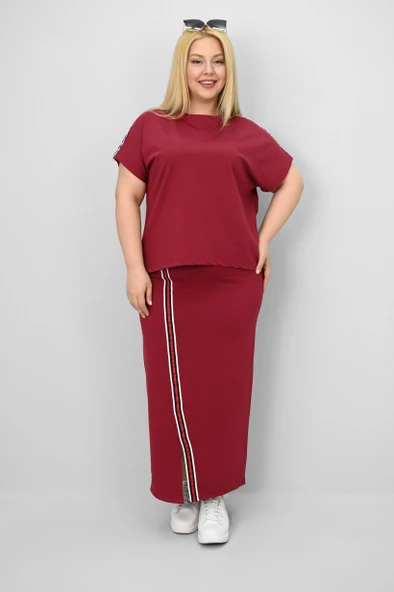 Kadın Büyük Beden Kısa Kollu Şeritli Etek Takım 8204-25 - 10