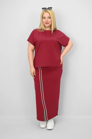 Kadın Büyük Beden Kısa Kollu Şeritli Etek Takım 8204-25 - 10