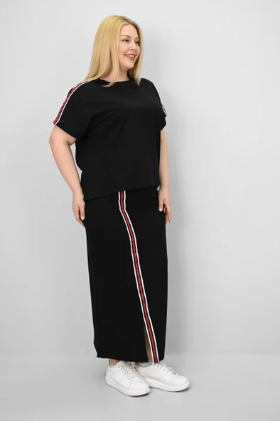 Kadın Büyük Beden Kısa Kollu Şeritli Etek Takım 8204-25 - 5