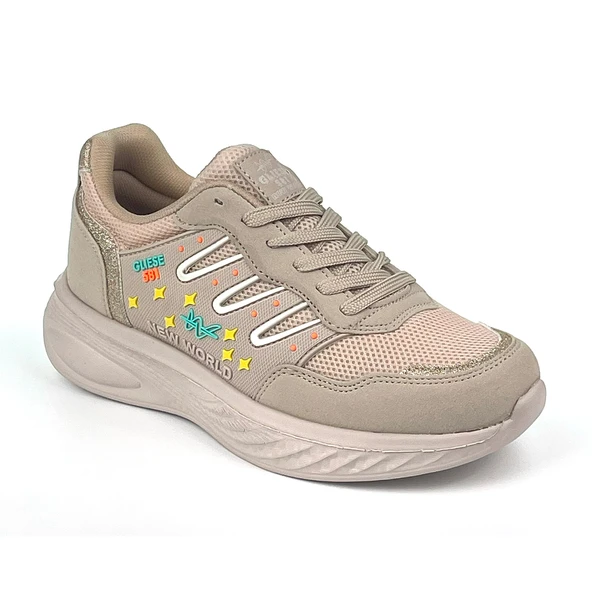 Kadın Bej Fileli Günlük Rahat Sneaker Spor Ayakkabı