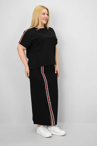 Kadın Büyük Beden Kısa Kollu Şeritli Etek Takım 8204-25 - 4