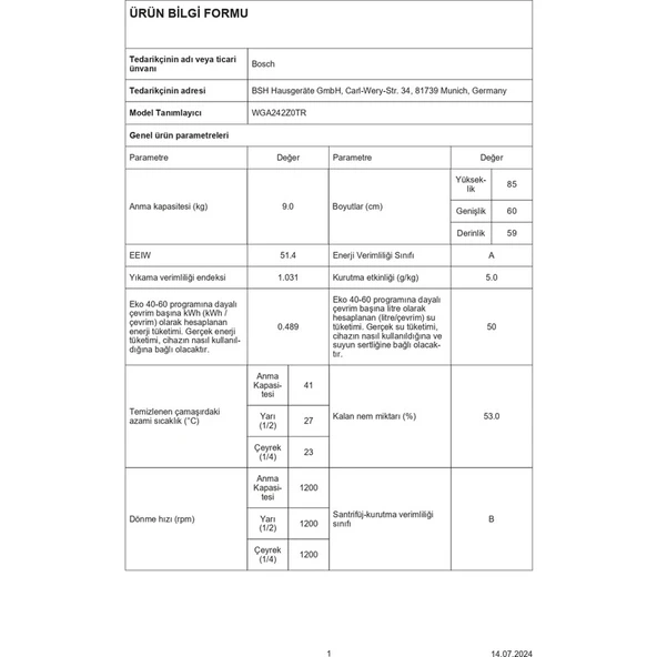 Bosch WGA242Z0TR A Enerji Sınıfı 9 kg 1200 Devir Çamaşır Makinesi - 2