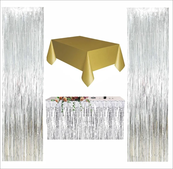 4 PARÇA GOLD MASA ÖRTÜSÜ, GÜMÜŞ MASA ETEĞİ, 2 ADET GÜMÜŞ ARKA FON ürün görseli 1