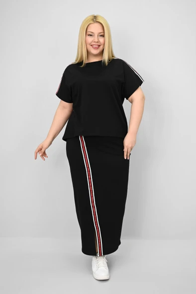 Kadın Büyük Beden Kısa Kollu Şeritli Etek Takım 8204-25 - 6