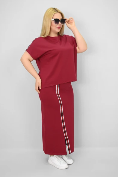 Kadın Büyük Beden Kısa Kollu Şeritli Etek Takım 8204-25 - 11