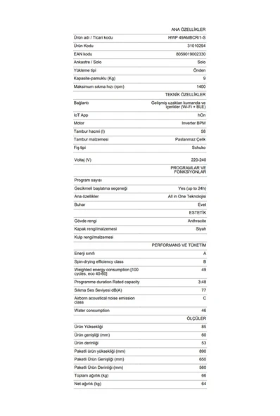 Hoover HWP 49AMBCR/1-S 1400 Devir 9 KG Çamaşır Makinesi - Resim 5