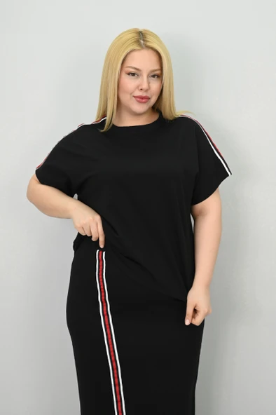 Kadın Büyük Beden Kısa Kollu Şeritli Etek Takım 8204-25 - 8