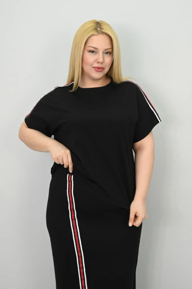 Kadın Büyük Beden Kısa Kollu Şeritli Etek Takım 8204-25 - 7