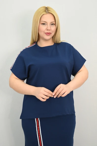 Kadın Büyük Beden Kısa Kollu Şeritli Etek Takım 8204-25