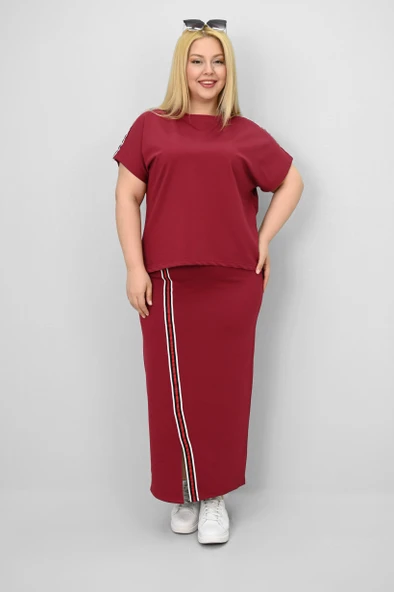 Kadın Büyük Beden Kısa Kollu Şeritli Etek Takım 8204-25 - 9