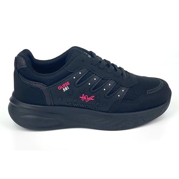 Kadın Siyah Fuşya Fileli Günlük Rahat Sneaker Spor Ayakkabı - Resim 2