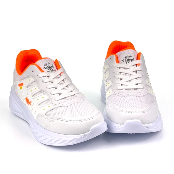 Kadın Beyaz Oranj Fileli Günlük Rahat Sneaker Spor Ayakkabı