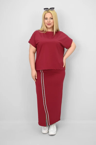 Kadın Büyük Beden Kısa Kollu Şeritli Etek Takım 8204-25 - 11