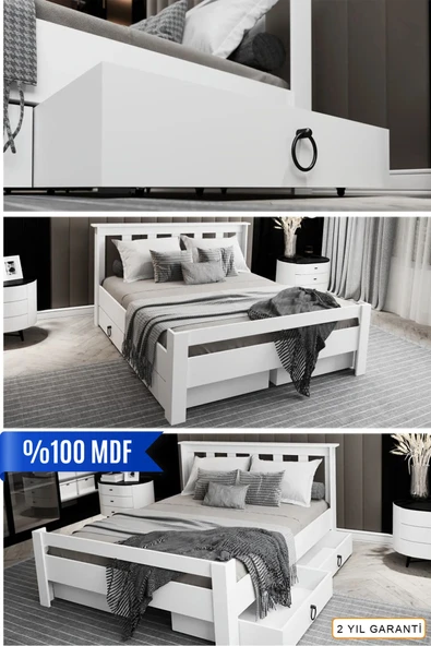 Ninnimo  Arya Çift Kişilik 160x200 Yatak Uyumlu Mdf Beyaz Çekmeceli Karyola Maçy-1