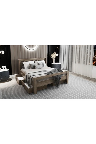 Ninnimo  Arya Çift Kişilik 160x200 Yatak Uyumlu Ceviz Çekmeceli Karyola - 2