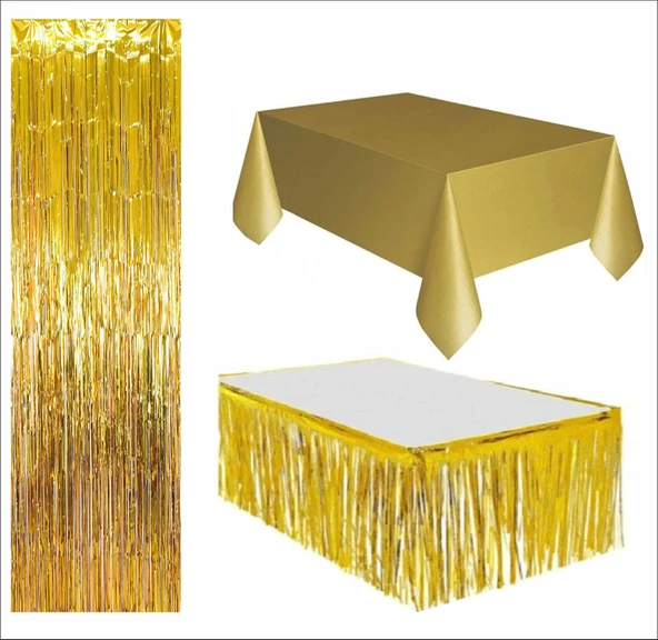 3 PARÇA GOLD MASA ÖRTÜSÜ, GOLD MASA ETEĞİ, GOLD ARKA FON