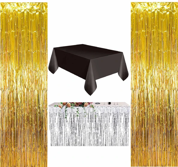 4 PARÇA SİYAH MASA ÖRTÜSÜ, GÜMÜŞ MASA ETEĞİ, 2 ADET GOLD ARKA FON ürün görseli