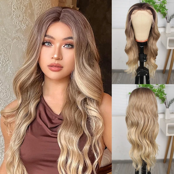 Kumral Dore Sarı Ombre ve Röfleli Fiber Sentetik Geniş Dalgalı Tül Peruk