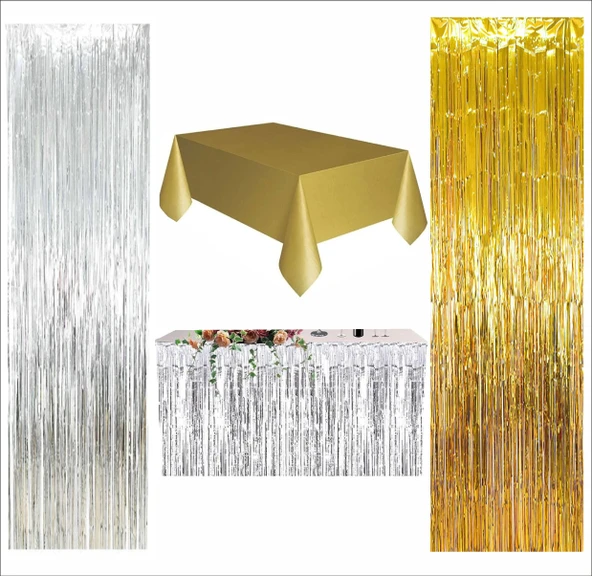 4 PARÇA GOLD MASA ÖRTÜSÜ, GÜMÜŞ MASA ETEĞİ, 1 ADET GÜMÜŞ,1 ADET GOLD ARKA FON ürün görseli