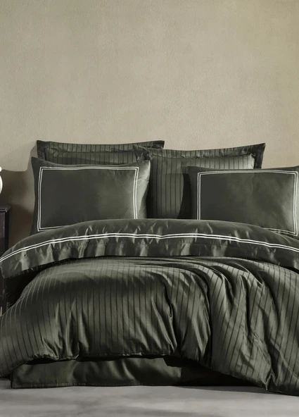 Dantela İmge Nakışlı Pamuk Saten Yollu Nevresim Takımı Haki