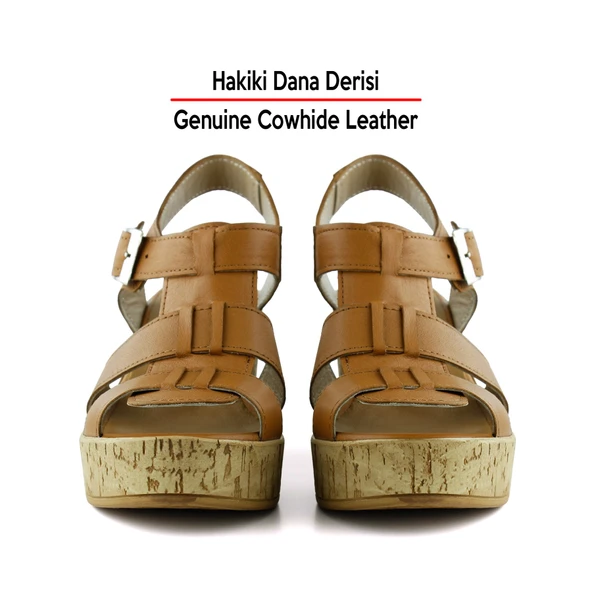 Erkan Saçmacı Xena Taba Hakiki Dana Derisi Mantar Taban Görünümlü Dolgu Topuklu Gladyatör Sandalet - 4