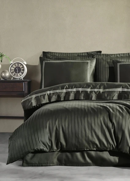 Dantela İmge Nakışlı Pamuk Saten Yollu Nevresim Takımı Haki - 3