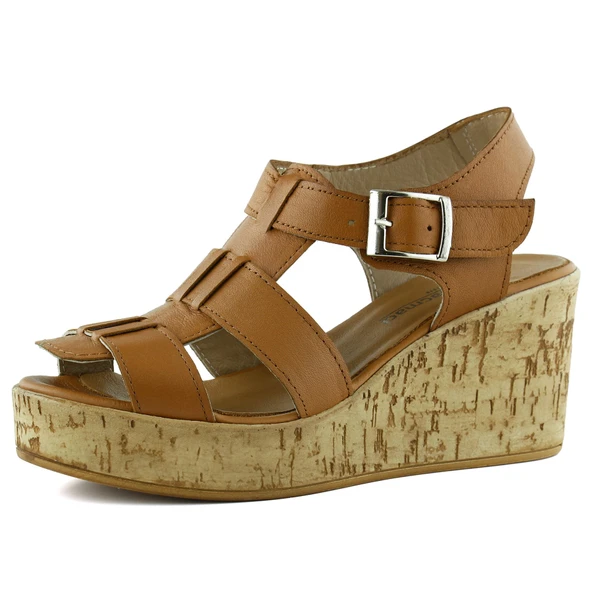 Erkan Saçmacı Xena Taba Hakiki Dana Derisi Mantar Taban Görünümlü Dolgu Topuklu Gladyatör Sandalet